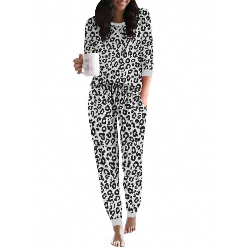 エコアー レディース アンダーウェア ナイトウェア Ekouaer Women ’ s Long Sleeve Pajama Set 2 Piece Lounge Set with Pocket White Leopard ホワイト|ReVida 店