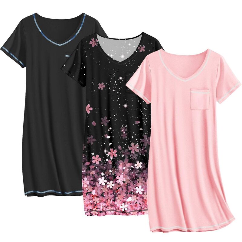 エコアー レディース アンダーウェア ナイトウェア Vネック シャツ Ekouaer Three Pack Nightgownsleep Shirts T Shirt Night Gown V Neck Nightshirtsoft Dress Black Cherry Pink ブラック|ReVida 店