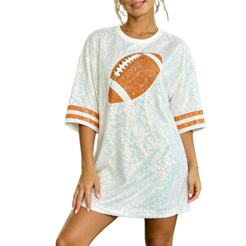 エリートスピリット レディース トップス ワンピース リラックスフィット クルーネック ミニ スパンコール ジャージー EliteSpirit Women'sequin Jersey Dress Football Striped Sleeves Crew Neck Oversized Relaxed Fit Mini Dress White ホワイト|ReVida 店