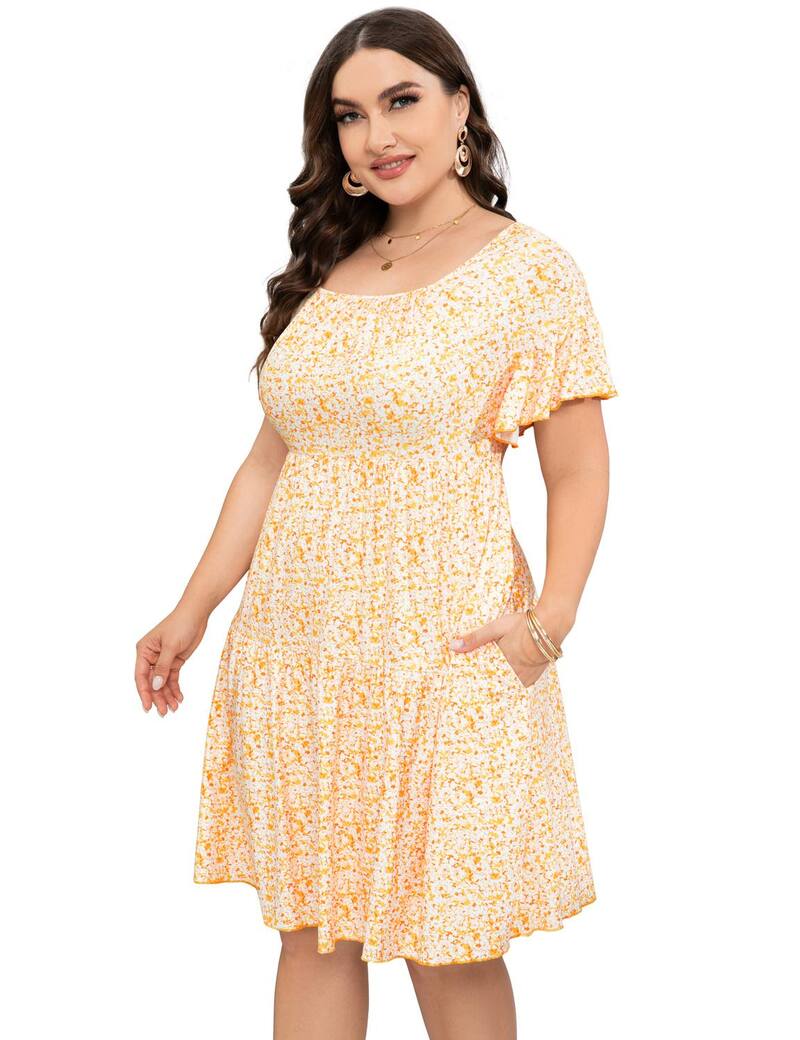 クリアフラワー レディース トップス ワンピース プラスサイズ フリル ClearFlower Plusize Women'Square Neck Raglan Shoulderuffle Sleeve Pocket Dress Yellow Flower イエロー|ReVida 店