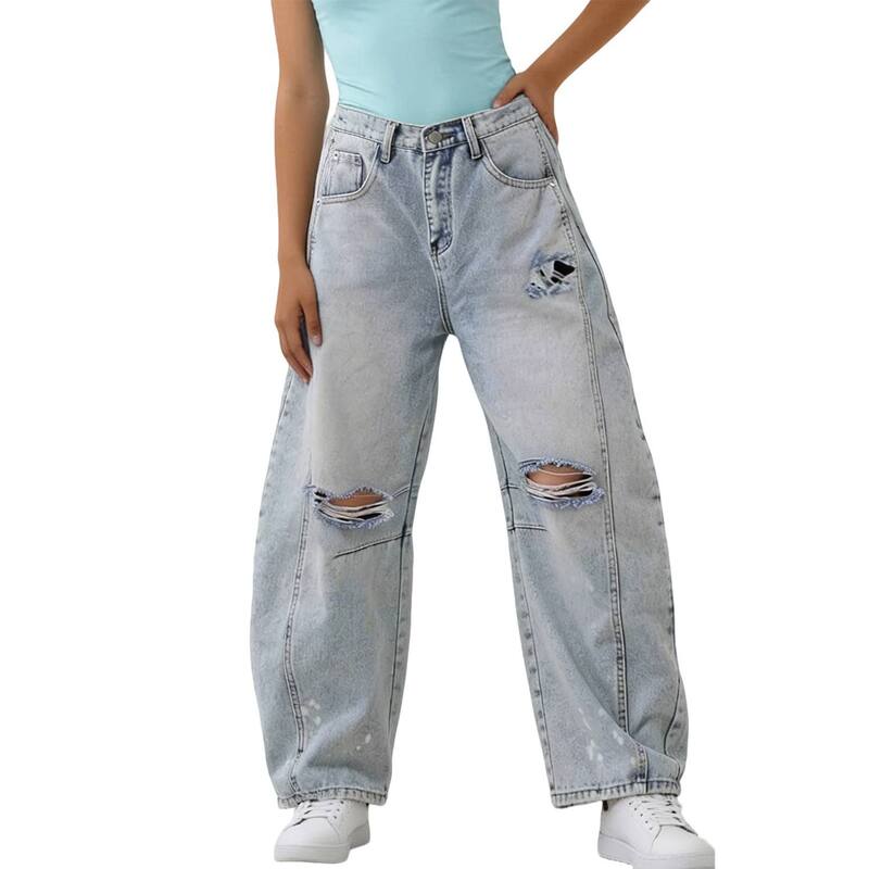 クリアフラワー レディース ボトムス デニムパンツ ワイドレッグ ヴィンテージ ハイウエスト ジーンズ ClearFlower Women's Distressed Baggy Jeans High Waist Vintage Wide Leg Denim Pants Light Blue ブルー｜ReVida 店