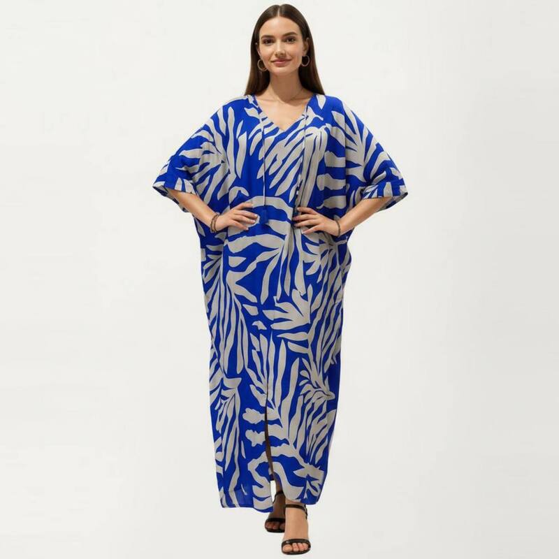 アンナカシ レディース トップス ワンピース プリント マキシ Anna-Kaci Women's Tropicaleaf Print Kaftan Maxi Dress with V-Neckline and Flowy Oversized Silhouette Blue ブルー|ReVida 店
