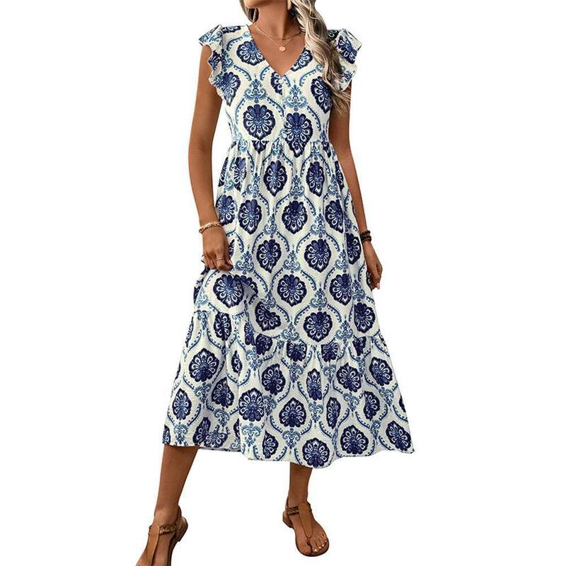 クリアラブ レディース トップス ワンピース Vネック プリント マキシ Clearlove Women'summer Vacation Loose Fit Deep V Neck Printed Long Dress Bohemia Maxi Dress Blue ブルー|ReVida 店