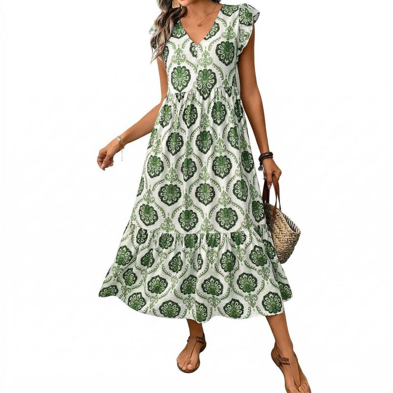 クリアラブ レディース トップス ワンピース Vネック プリント マキシ Clearlove Women'summer Vacation Loose Fit Deep V Neck Printed Long Dress Bohemia Maxi Dress Green グリーン|ReVida 店