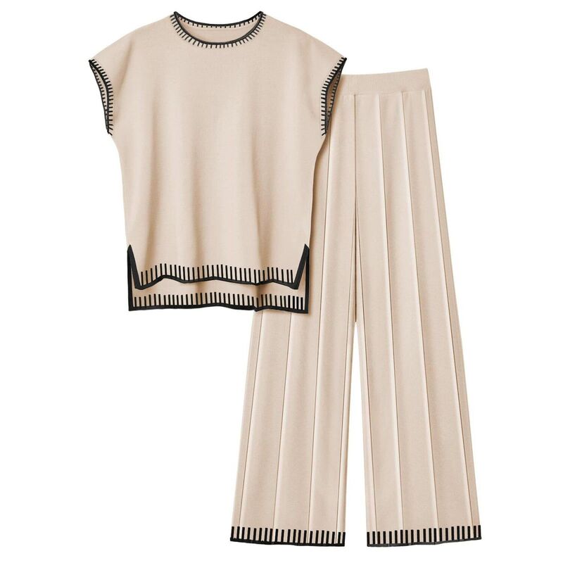 エコアー レディース アンダーウェア ナイトウェア パンツ セーター ニット Ekouaer Womens Matching Sets Knit Sweater Sets 2 Pieces Outfits Pullover Tops Wide Legs Pants Beige ベージュ|ReVida 店