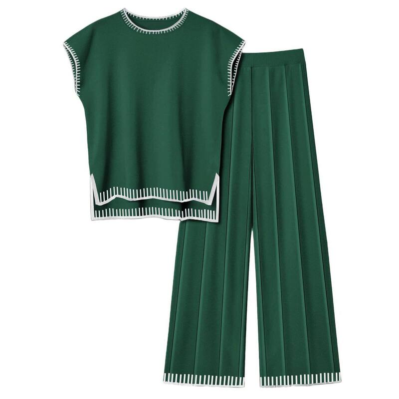 エコアー レディース アンダーウェア ナイトウェア パンツ セーター ニット Ekouaer Womens Matching Sets Knit Sweater Sets 2 Pieces Outfits Pullover Tops Wide Legs Pants Bright Green グリーン｜ReVida 店