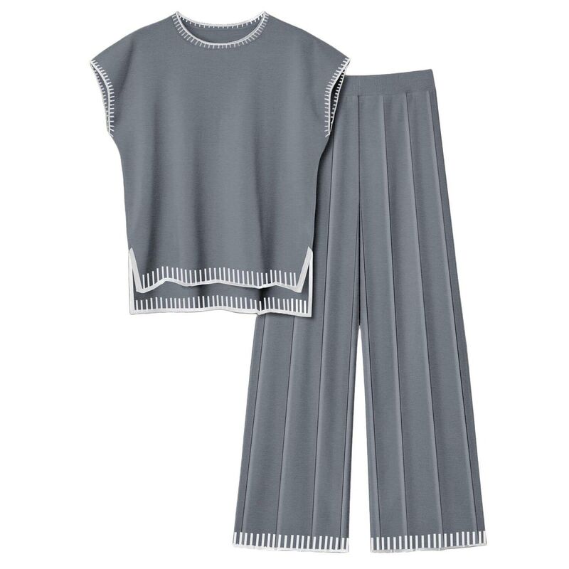 エコアー レディース アンダーウェア ナイトウェア パンツ セーター ニット Ekouaer Womens Matching Sets Knit Sweater Sets 2 Pieces Outfits Pullover Tops Wide Legs Pants Grey グレー｜ReVida 店