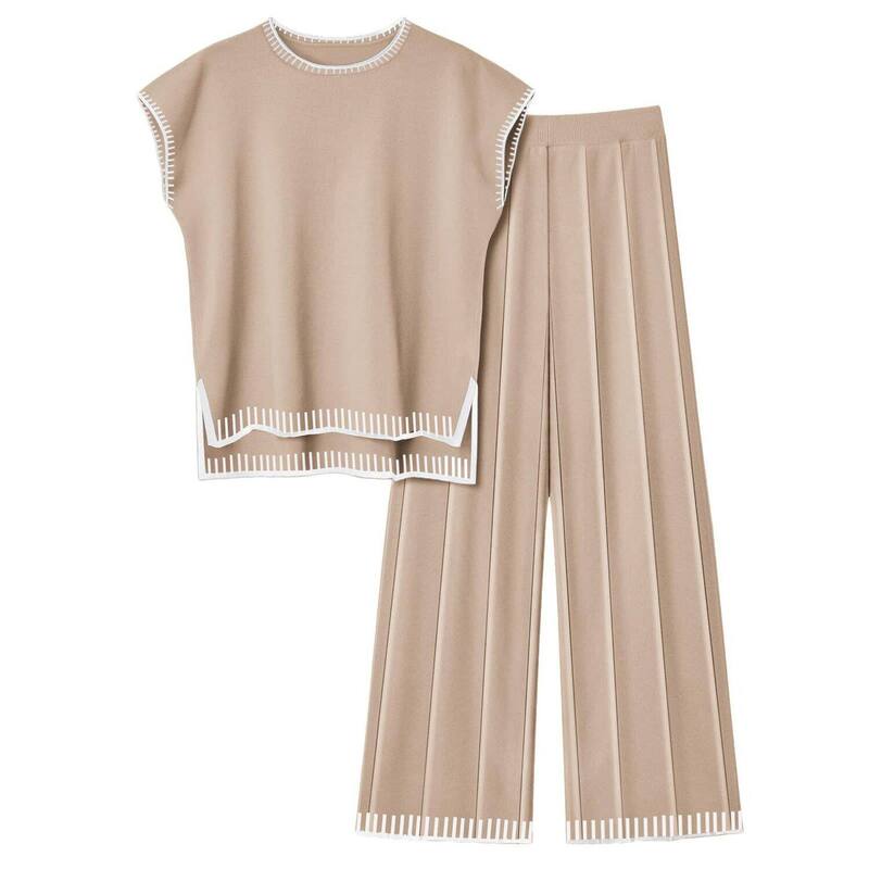 エコアー レディース アンダーウェア ナイトウェア パンツ セーター ニット Ekouaer Womens Matching Sets Knit Sweater Sets 2 Pieces Outfits Pullover Tops Wide Legs Pants Khaki カーキ｜ReVida 店