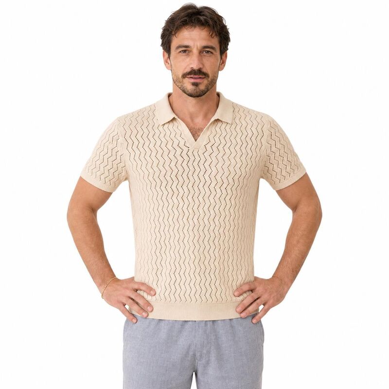 ジョイジョイ メンズ トップス Tシャツ ニット JoyJoy Men V Notch Collar Chevron Hollow Knit Short Sleeve Casual Summer Top Beige ベージュ|ReVida 店