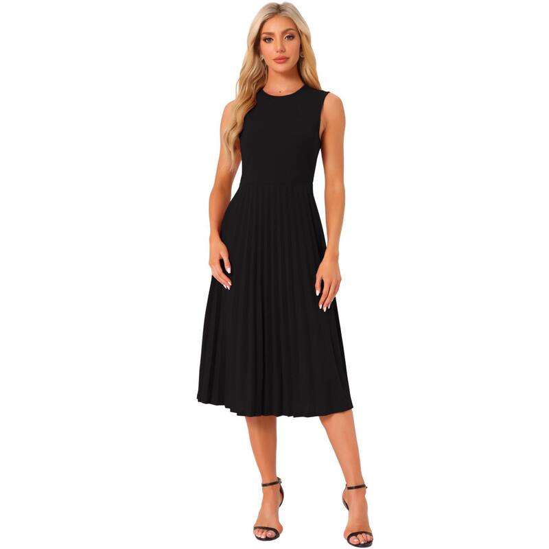 アレグラ ケー レディース トップス ワンピース フリル裾 クルーネック プリーツ フリル ミディ ノースリーブ ニット ALLEGRA K Women'sleeveless Pleated Ruffle Hem Crew Neck Tanknitted Elegant Midi Dress Black ブラック｜ReVida 店