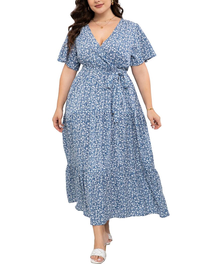 エリートチョイス レディース トップス ワンピース Vネック ハイウエスト プラスサイズ フリル マキシ Elitechoice Women's Plusize Maxi Dress High Waist Ruffle Dressummer V Neck Dress Blue Flower ブルー|ReVida 店