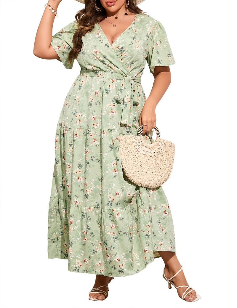 エリートチョイス レディース トップス ワンピース Vネック ハイウエスト プラスサイズ フリル マキシ Elitechoice Women's Plusize Maxi Dress High Waist Ruffle Dressummer V Neck Dress Fruit Green グリーン|ReVida 店
