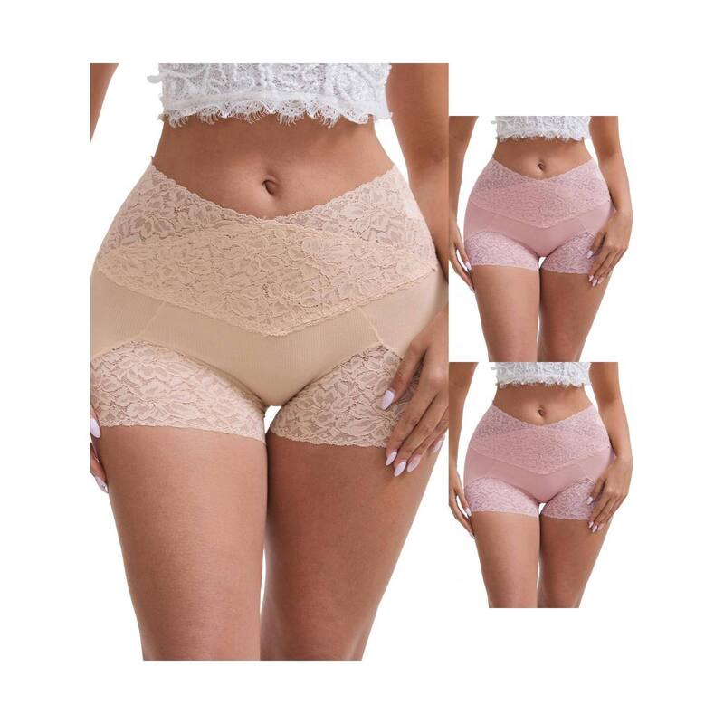 インスパイア シック レディース ボトムス カジュアルパンツ レーストリム ショートパンツ レース INSPIRE CHIC 3 Packs Women's Lace Trim High Rise Shaper Shortseamless Flatten Tummy Hip-Lifter Control Panties Pink Apricot ピンク｜ReVida 店