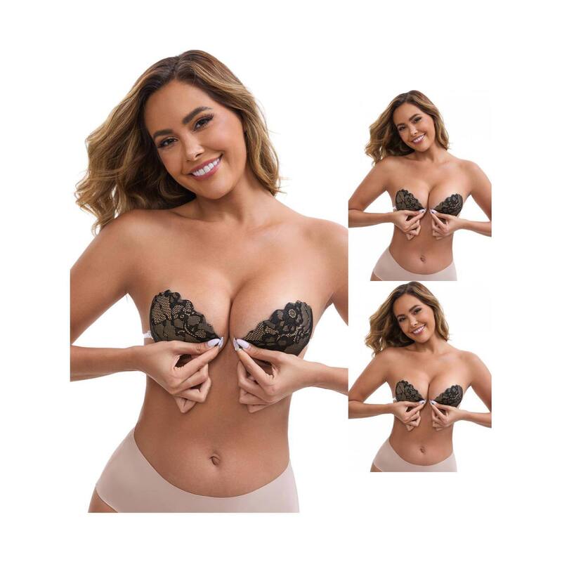 インスパイア シック レディース アンダーウェア ブラジャー ストラップレス レース INSPIRE CHIC 3 Packs Women's Lace Push Up Adhesive Brastrapless Front Closure Anti-Slip Stick Nipple Covers Black ブラック｜ReVida 店