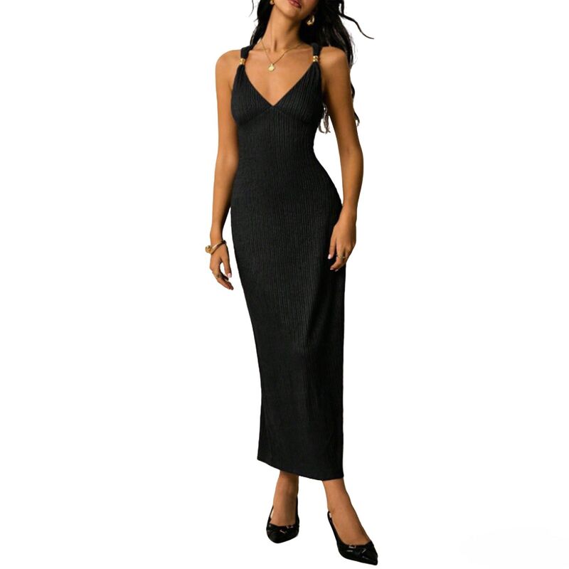 クリアフラワー レディース トップス ワンピース Vネック 背中開き ミディ ClearFlower Women's Bodycon Evening Midi Dress V-Neck Backless Metal Accent Straps Cocktail Party Dress Black ブラック｜ReVida 店