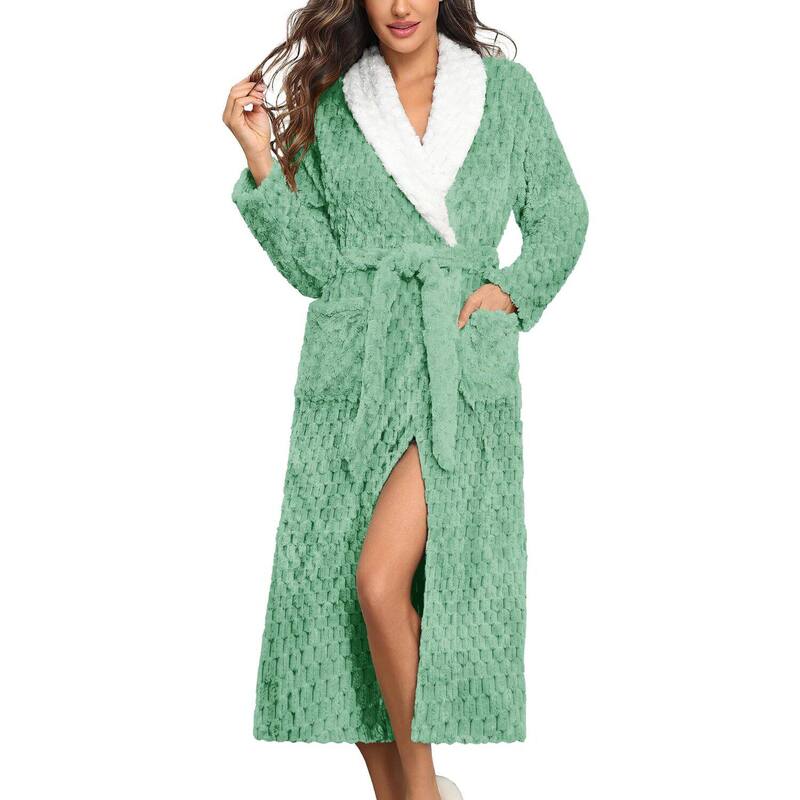 エコアー レディース アンダーウェア ナイトウェア プラスサイズ Ekouaer Womens Robe Long Plush Soft Bathrobe Jacquard Robeshawl Collar Sleepwear with Pockets Grey Green グレー｜ReVida 店