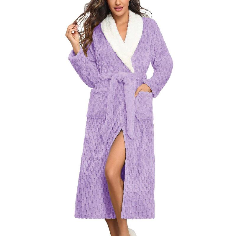 エコアー レディース アンダーウェア ナイトウェア プラスサイズ Ekouaer Womens Robe Long Plush Soft Bathrobe Jacquard Robeshawl Collar Sleepwear with Pockets Light Purple パープル｜ReVida 店