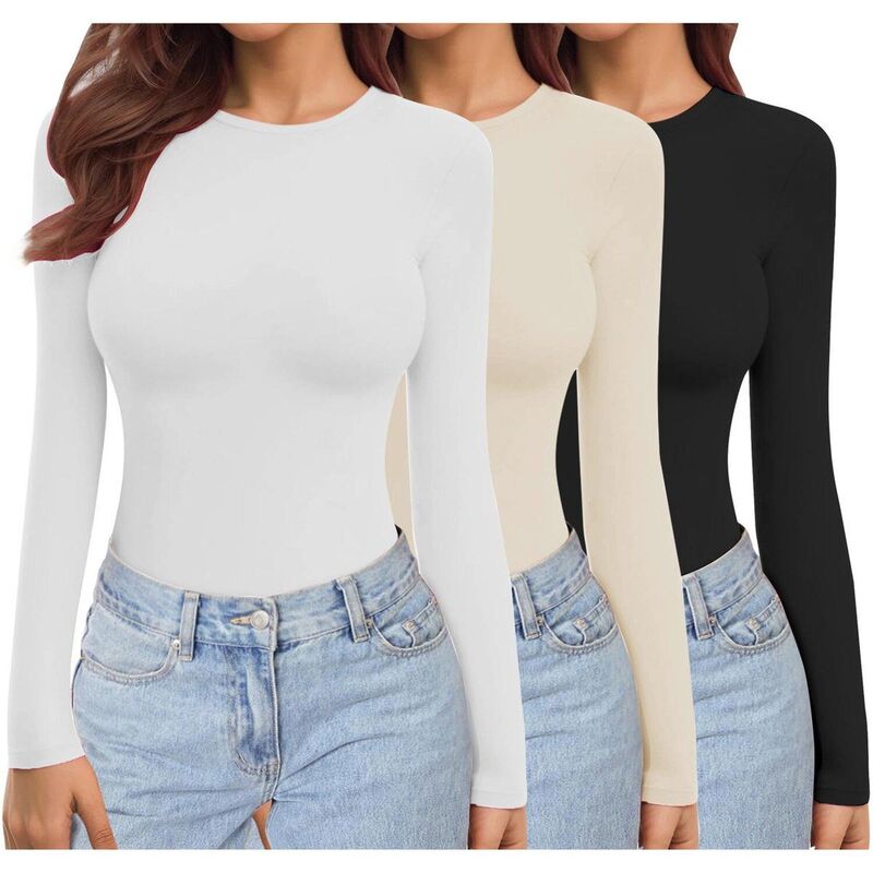 エコアー レディース トップス Tシャツ クルーネック Ekouaer Womens Three Pack Long Sleeve Shirts Crew Neck Stretch Fitted Undershirts Tops Thermal Tee Beige White Black ホワイト｜ReVida 店