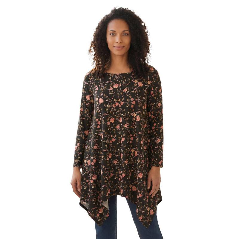 ロアマンズ レディース トップス Tシャツ プラスサイズ Roaman's Women's Plusize Ultimate Handkerchief Hem Tunic Black Wildflowers ブラック｜ReVida 店