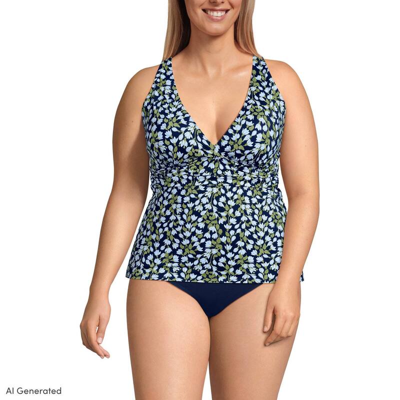 ランズエンド レディース 水着 トップのみ Vネック プラスサイズ Plusize Lands' End V-Neck Plunge X Back Tankini Swim Top Navy Bloom Floral ネイビー｜ReVida 店
