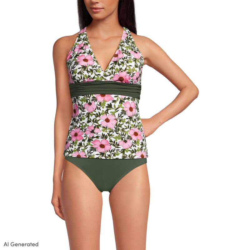 ランズエンド レディース 水着 トップのみ Vネック Women's Lands' End-Cup V-Neck Plunge X Back Tankini Topink Floral Border Mix ピンク｜ReVida 店