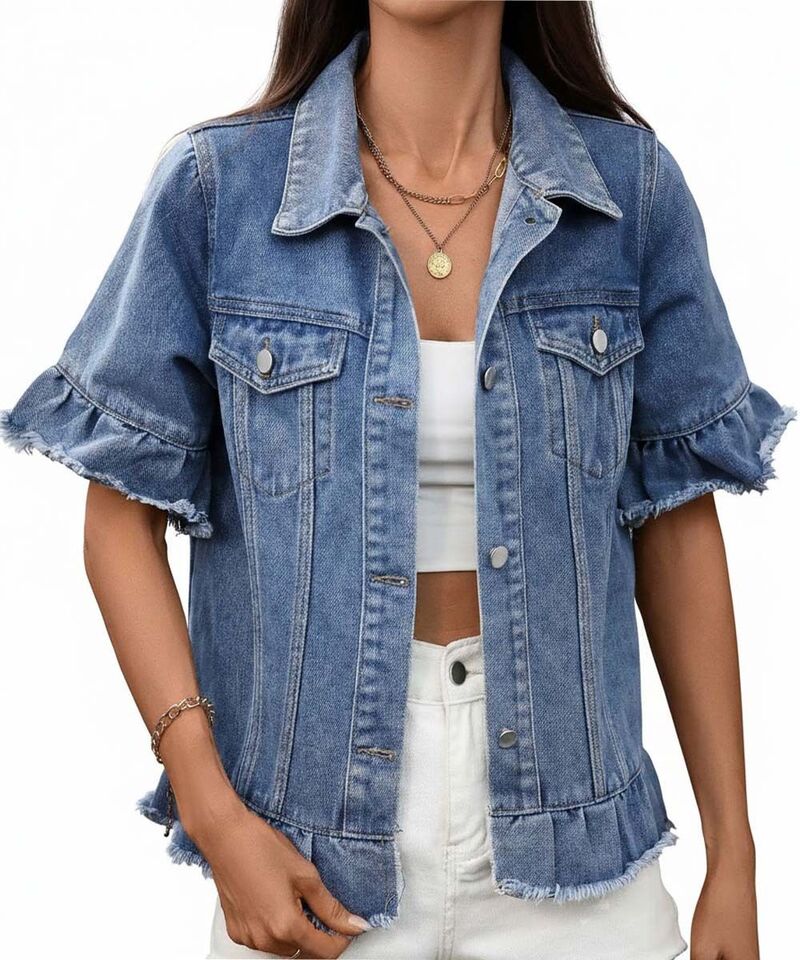 クリアラブ レディース トップス シャツ デニム フリンジャケット Clearlove Women's Trendy Fringe Hem Short Sleeve Denim Jacket Blue ブルー｜ReVida 店