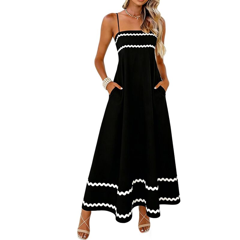エリートスピリット レディース トップス ワンピース マキシ EliteSpirit Women'spaghetti Strap Trimaxi Dress with Pockets Flowy Casual Dress Black ブラック｜ReVida 店