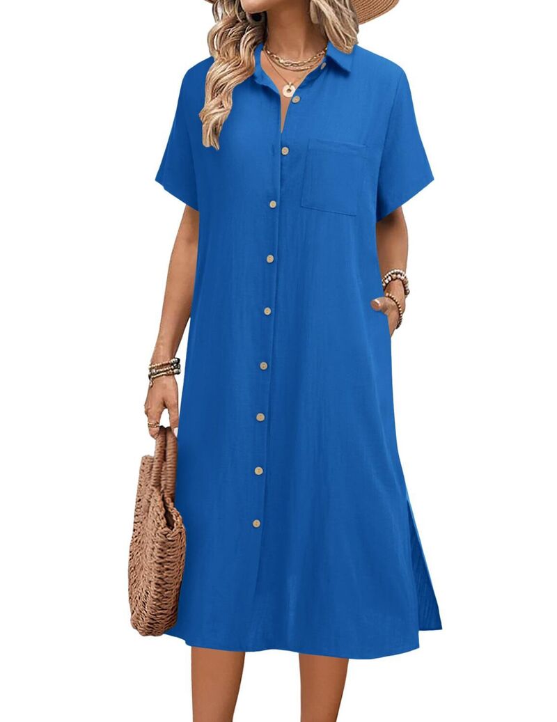 ジーグー レディース トップス ワンピース ボタンダウン ミディ シャツ ダウン Zeagoo Women's Casual Midi Short Sleeve Button Down Shirt Dress Beach Cover Up with Pocket Royal Blue ブルー|ReVida 店