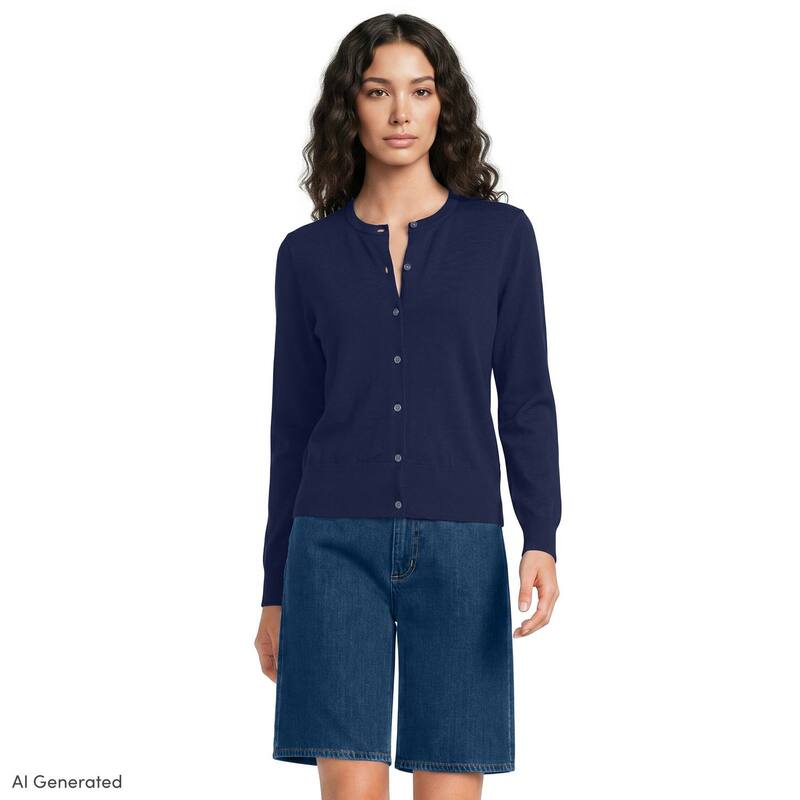ランズエンド レディース アウター ニット・セーター コットン カーディガン Women's Lands' End Cotton Crew Cardigan Sweater Deep Sea Navy ネイビー｜ReVida 店