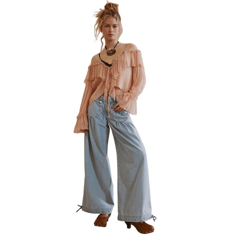コジョイン レディース ボトムス デニムパンツ ワイドレッグ Kojooin Women Baggy Harem Jean Drawstring Wide Leg Denim Pants Light Blue ブルー｜ReVida 店