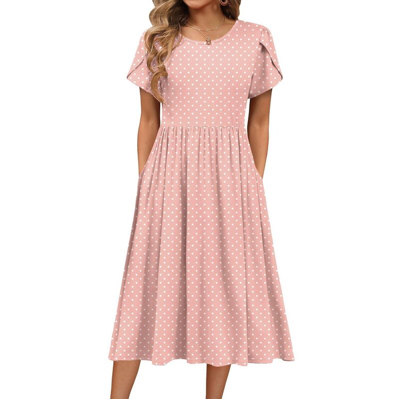 ジーグー レディース トップス ワンピース A ライン ミディ Zeagoo Women Summer Dresshort Sleeve a-line midi Dress Long Beach Sundress with Pockets Pink Roundot ピンク｜ReVida 店 12,854円