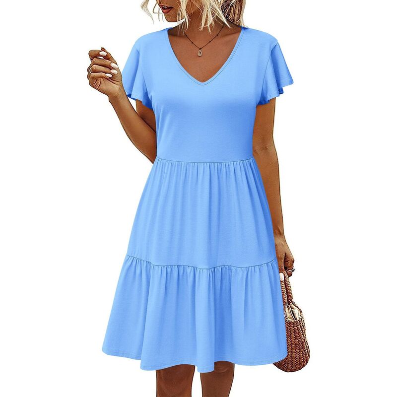 ジーグー レディース トップス ワンピース Vネック ティアード A ライン フリル Tシャツ コットン Zeagoo Women Cotton Tieredress Ruffled A-Line Swing Dress with Pockets V-Neck T-Shirt Dress Light Blue ブルー｜ReVida 店