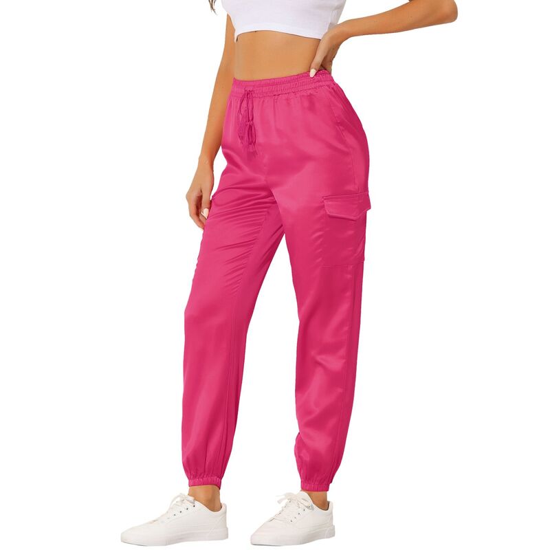 アレグラ ケー レディース ボトムス カジュアルパンツ サテン シルク ALLEGRA K Women's Drawstring Elastic High Rise Silky Satin Cargo Solid Pants Rose Red レッド|ReVida 店
