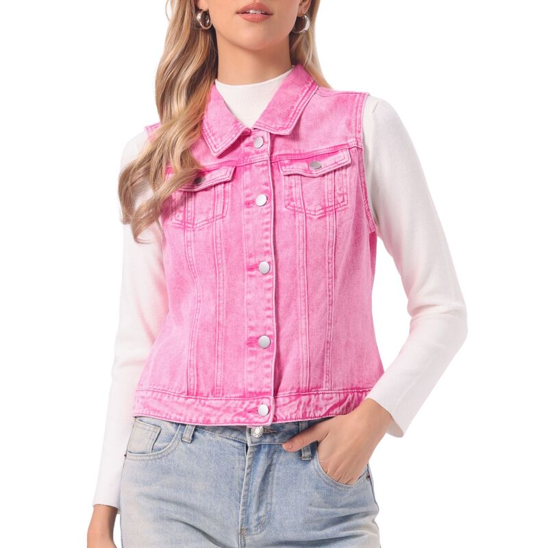 アレグラ ケー レディース アウター ジャケット・ブルゾン ベスト デニム ALLEGRA K Women's Washed Chest Flapocketsingle Breastedenim Vest Jacket Washed Pink ピンク｜ReVida 店