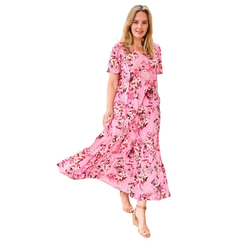 ウーマン ウィズイン レディース トップス ワンピース プラスサイズ プリント 半袖 マキシ Woman Within Plusize Printed Short-Sleeve Crinkle Maxi Dress Delicate Pink Sweet ピンク｜ReVida 店