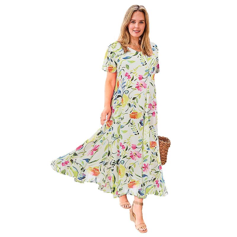 ウーマン ウィズイン レディース トップス ワンピース プラスサイズ プリント 半袖 マキシ Woman Within Plusize Printed Short-Sleeve Crinkle Maxi Dress White Multi Watercolor ホワイト｜ReVida 店