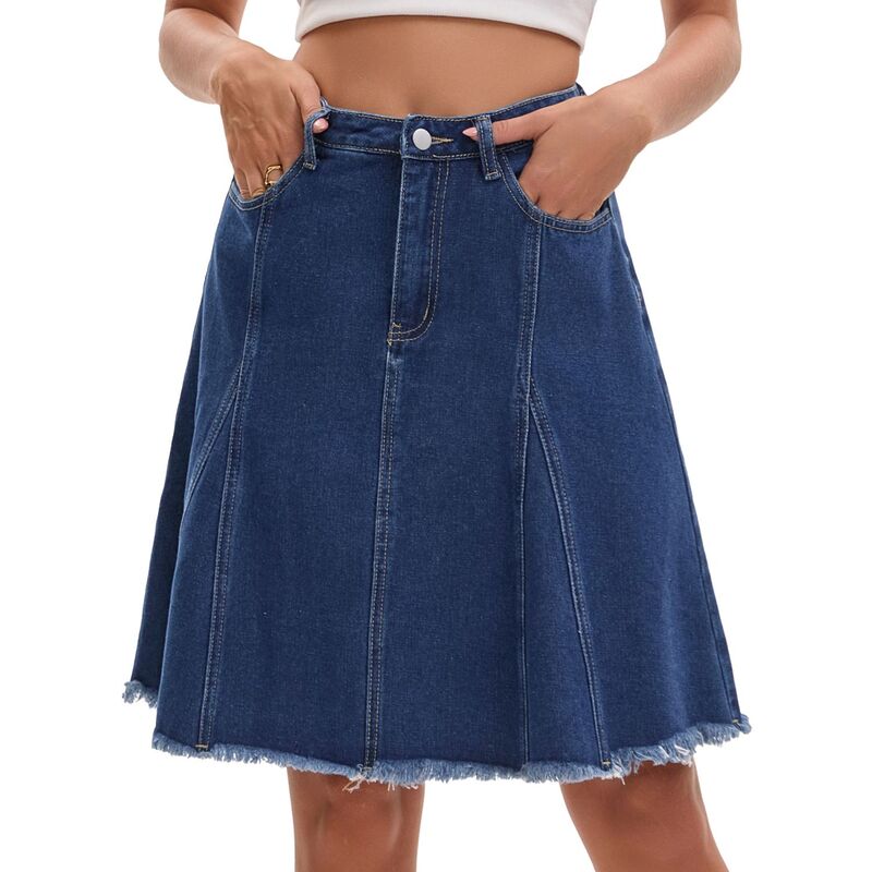 インスパイア シック レディース ボトムスカート A ライン ハイウエスト デニム INSPIRE CHIC Women's Denim Skirt A Line High Waist Fla red Raw Hem with Pockets Casual Jean Skirts Dark Blue ブルー|ReVida 店