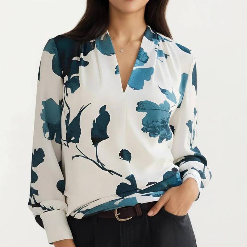 アンナカシ レディース トップス シャツ フラワー柄 ドレープリント ブラウス フラワー Anna-Kaci Women's Floral Print Long Sleeve Blouse with V Neckline and Soft Draped Fit Off White オフホワイト｜ReVida 店