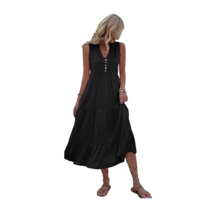 エリートスピリット レディース トップス ワンピース ミディ ノースリーブ EliteSpirit Women'sSummerDresses MidiDressesCasualButtonVNeckSleevelessALineBeachVacationSundress Black ブラック｜ReVida 店