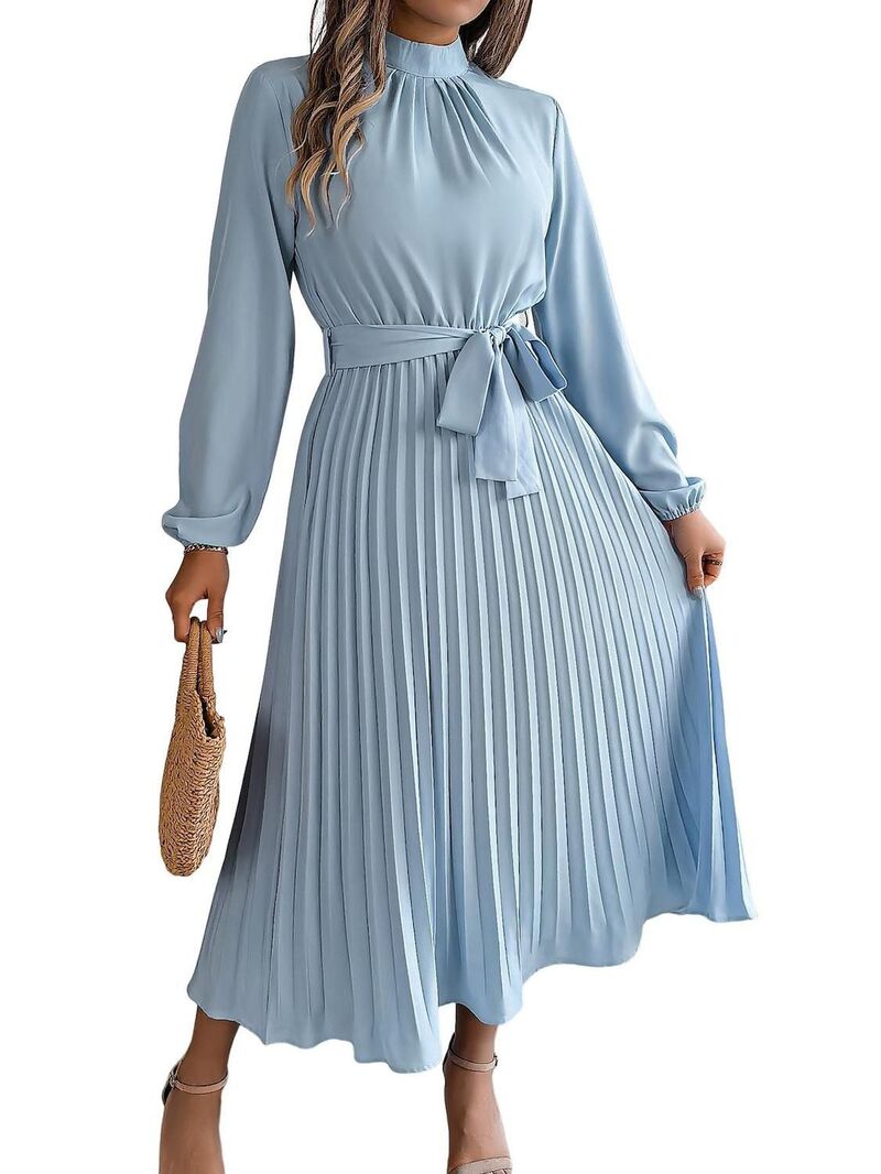 エリートチョイス レディース トップス ワンピース モックネック プリーツ Elitechoice Women's Mock Neck Long Sleeve Tie Waist Pleated Formal Cocktail Party Dress Light Blue ブルー|ReVida 店