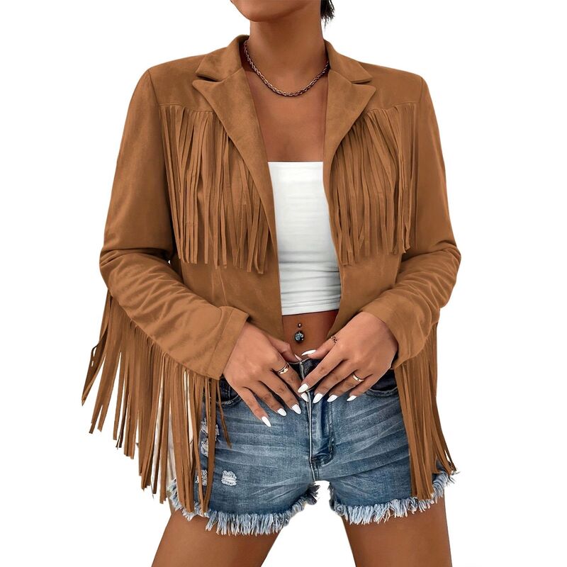 エリートスピリット レディース アウター ジャケット・ブルゾン スエード クロップド ブレザー フリンジ EliteSpirit Women's Faux Suede Fringe Blazer, Western Style Cropped Open-Front Jacket with Lapel Collar Brown ブラウン|ReVida 店