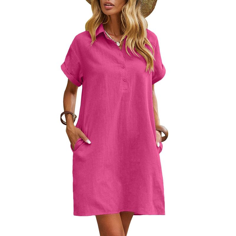 ジーグー レディース トップス ワンピース ボタンダウン シャツ コットン ダウン Zeagoo Womens Casual Dresshort Sleeve Cotton Button Down Loose Fit Shirt Dress with Pocket Hot Pink ピンク｜ReVida 店