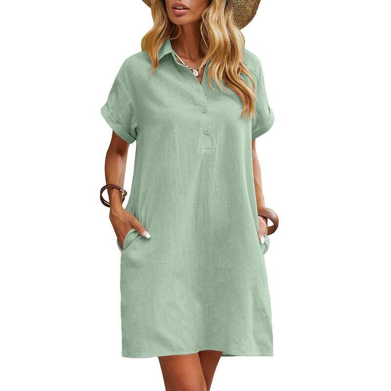 ジーグー レディース トップス ワンピース ボタンダウン シャツ コットン ダウン Zeagoo Womens Casual Dresshort Sleeve Cotton Button Down Loose Fit Shirt Dress with Pocket Light Green グリーン｜ReVida 店