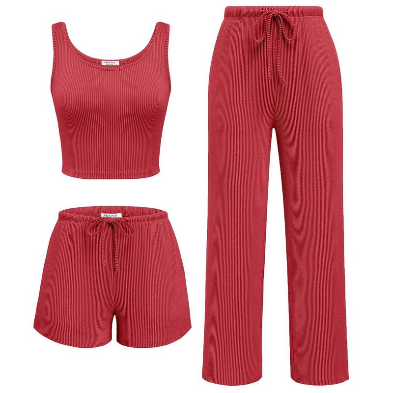 エコアー レディース アンダーウェア ナイトウェア パンツ ショートパンツ Ekouaer Women &rsquo; s Three Piece Twisted Rib Lounge Set Crop Top Shorts and Pants Red レッド｜ReVida 店