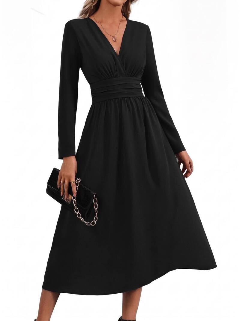エリートチョイス レディース トップス ワンピース Vネック ミディ Elitechoice Women's V-Neck Long Sleeve Casual Wear Midi Dress Black ブラック｜ReVida 店
