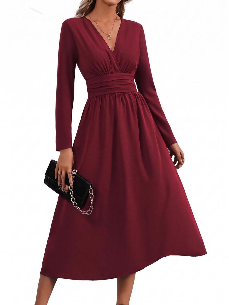 エリートチョイス レディース トップス ワンピース Vネック ミディ Elitechoice Women's V-Neck Long Sleeve Casual Wear Midi Dress Wine Red レッド｜ReVida 店
