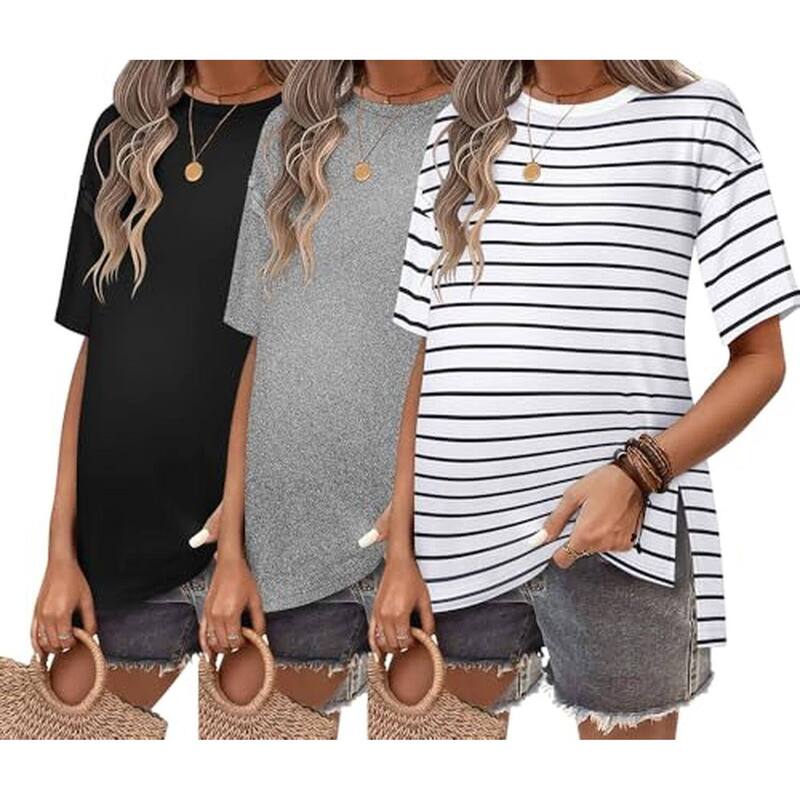 エコアー レディース トップス Tシャツ マタニティ Ekouaer Maternity Shirts 3 Packshort Sleeve Womens Oversized Pregnancy Topsplit Side Postpartum Black Light Gray ブラック｜ReVida 店 11,665円