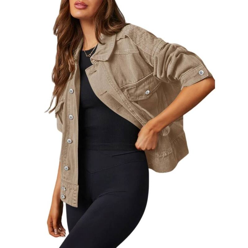 イエスファッション レディース アウター ジャケット・ブルゾン ボタンダウン Yesfashion Women's Basic Button Down Stretch Fitted Long Sleeves Jacket Khaki カーキ|ReVida 店