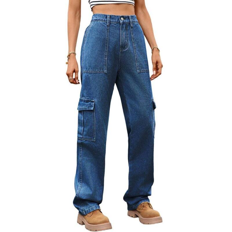 イエスファッション レディース ボトムス デニムパンツ ストレート カーゴパンツ Yesfashion Women's Cargo Pants High Waisted Straight Leg Trousers With 6 Pockets Casual Baggy Pants Dark Blue ブルー|ReVida 店