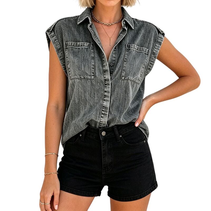 エリートスピリット レディース トップス シャツ デニム キャップ EliteSpirit Women's Colla red Cap Sleeve Button Front Casual Denim Shirt Grey グレー｜ReVida 店